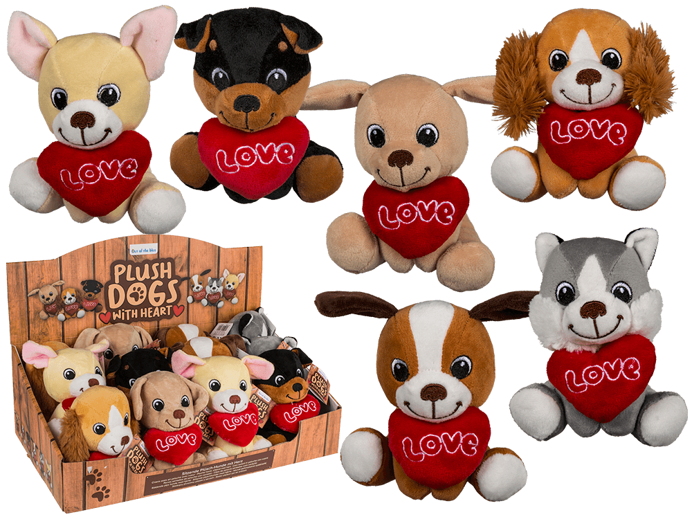 Sitting plush dogs with heart,