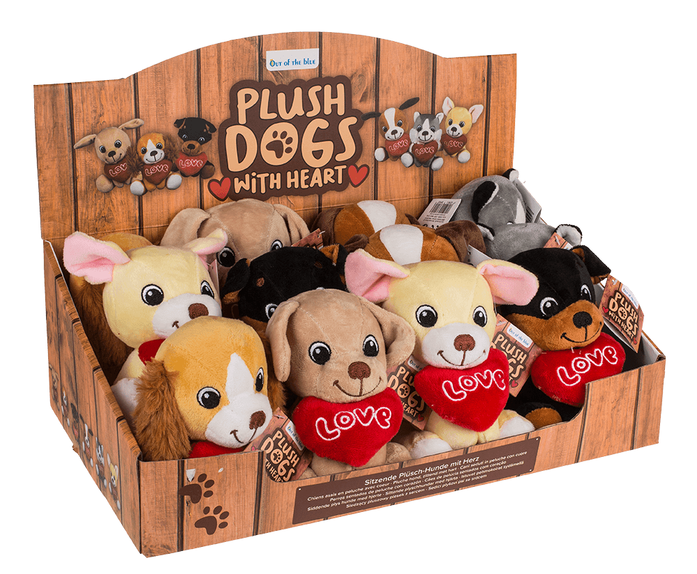 Sitting plush dogs with heart,