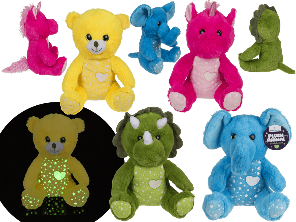 61-6970_000.png Pluche dieren in vier kleuren, met een hartje, glow in the dark, ongeveer 26 cm groot.