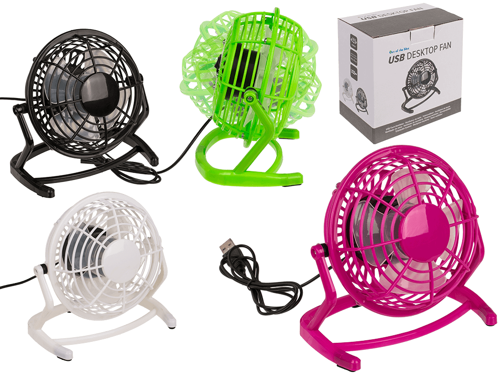 61-7032_000.png Desktopventilator met USB-kabel, beschikbaar in zwart, groen, wit en roze, afmetingen ca. 15 x 14,5 cm.