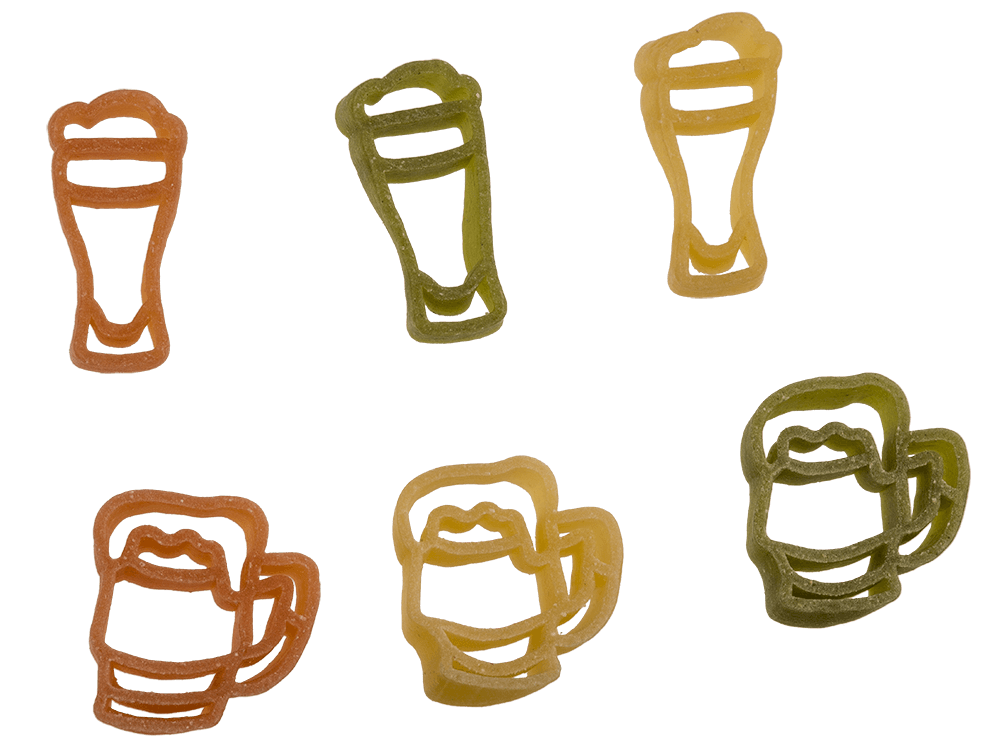 Three coloured durum wheat pasta, Beer shape,