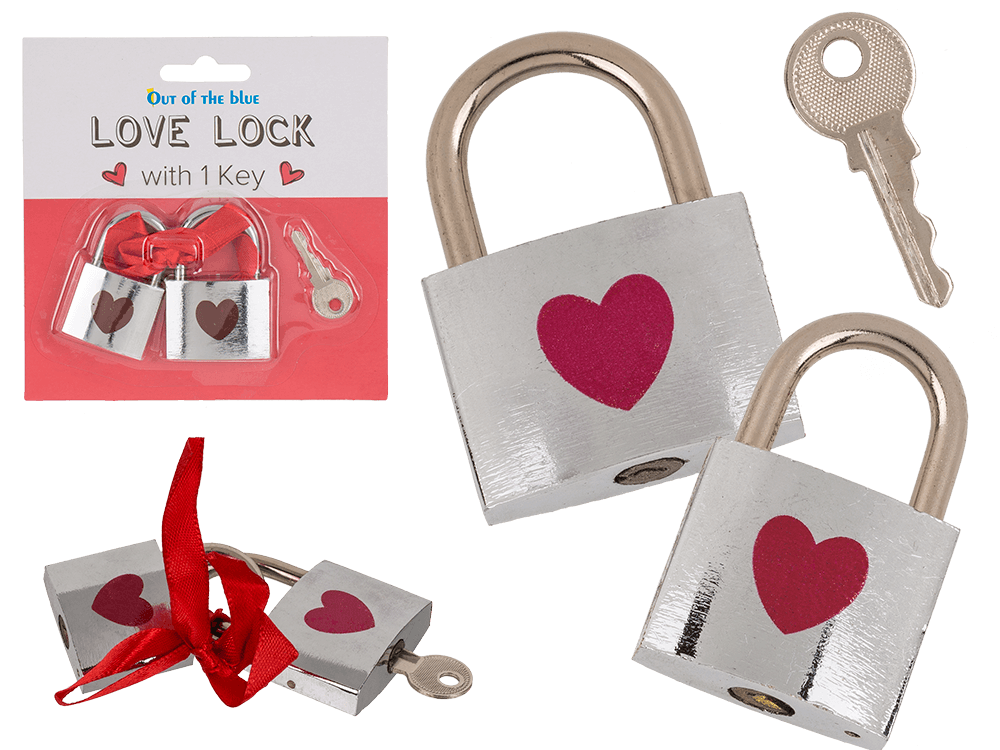 Silver coloured love lock with red heart,