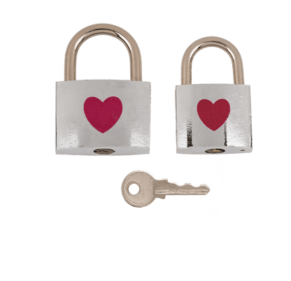 Silver coloured love lock with red heart,