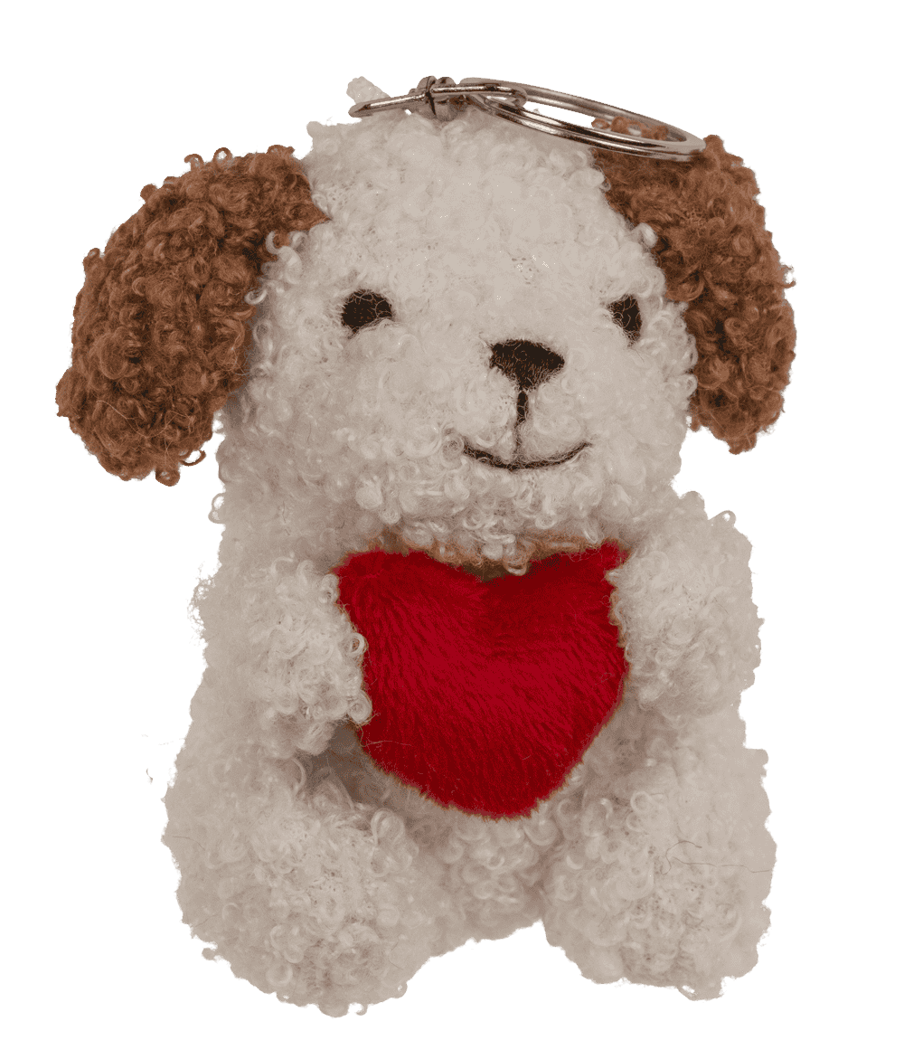 Metal keychain, dog with heart,