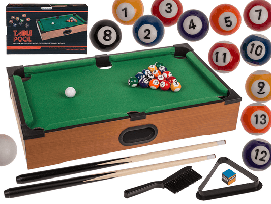 Wooden tabletop pool with 2 cues,