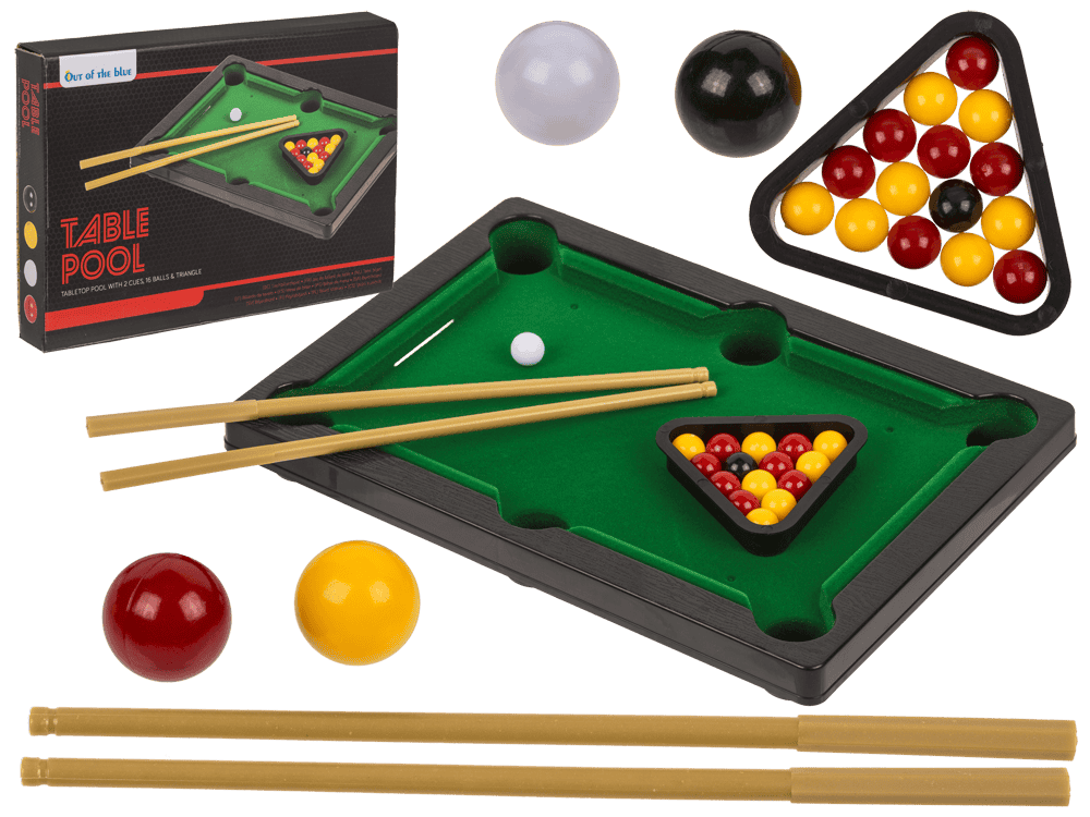 Tabletop pool with 2 cues, 16 balls,