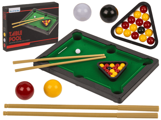 Tabletop pool with 2 cues, 16 balls,
