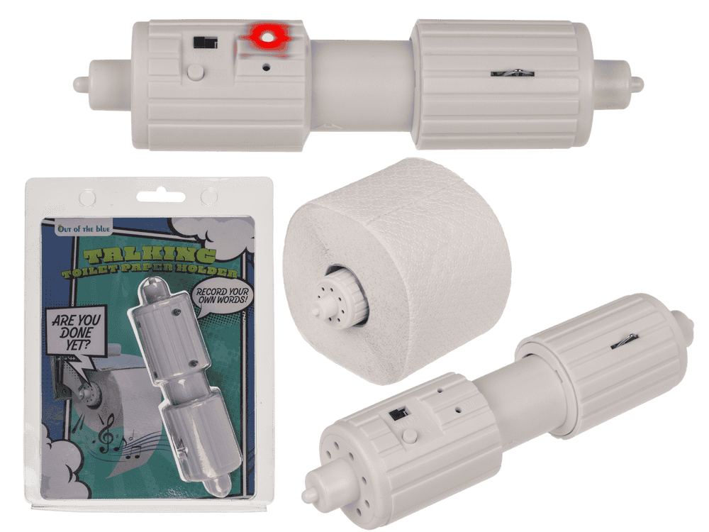 63-3955_000.png Pratende toiletpapierhouder met opnamefunctie, inclusief verpakking en rol toiletpapier, geschikt voor 2 AAA-batterijen.