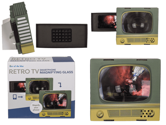 Smartphone magnifying glass, retro television,