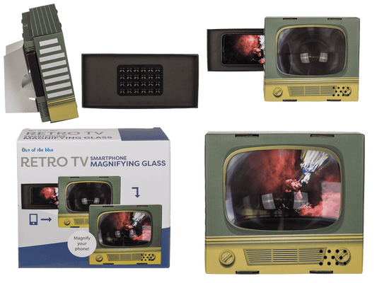 Smartphone magnifying glass, retro television,