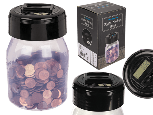 Plastic savings bank with € counter and display,