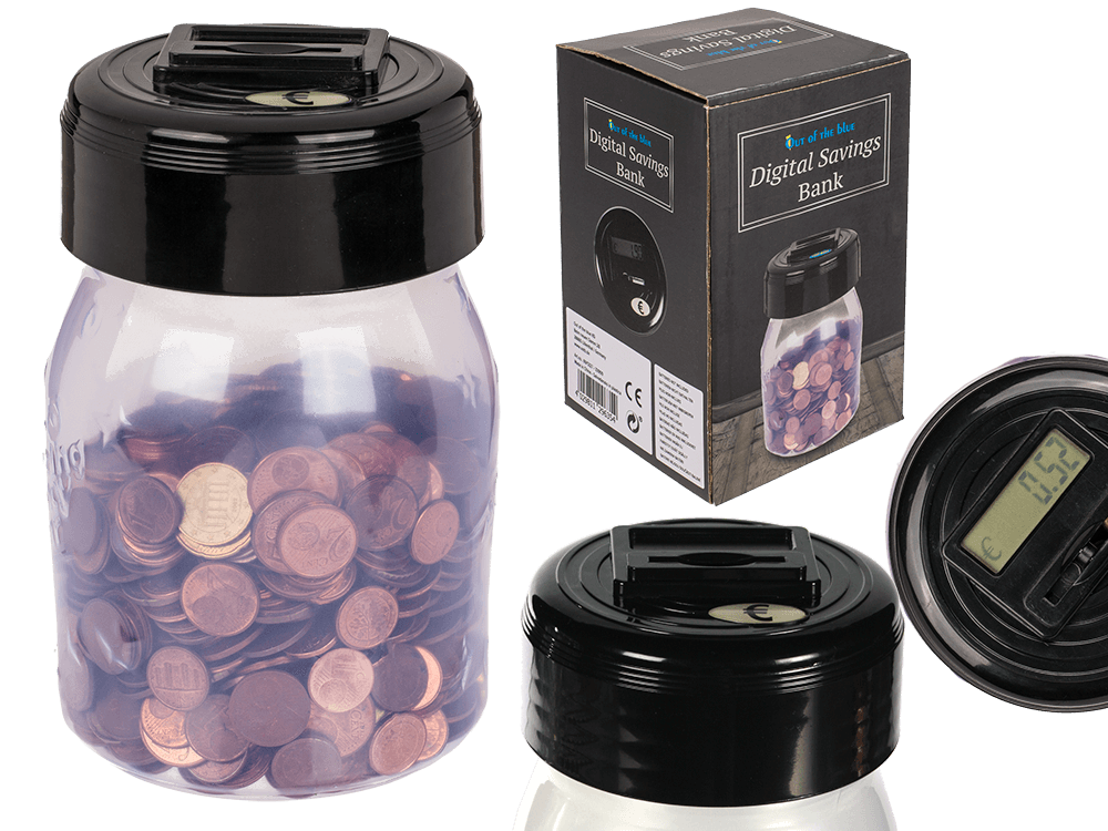 Plastic savings bank with € counter and display,