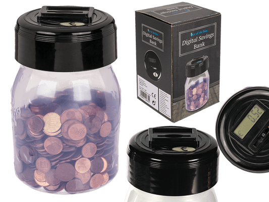 Plastic savings bank with € counter and display,
