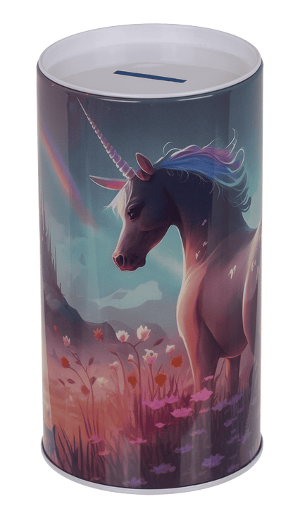 Hucha de metal con sonido, unicornio. 8 x 15,5 cm