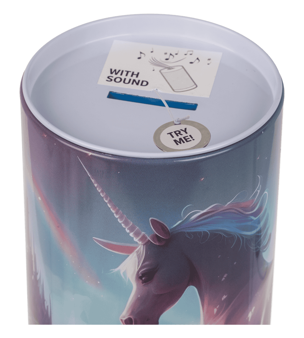 Hucha de metal con sonido, unicornio. 8 x 15,5 cm