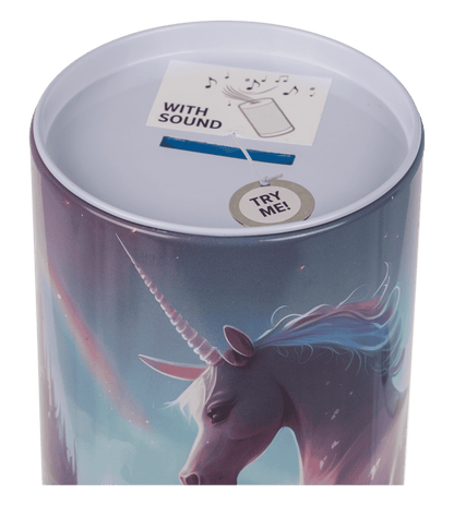 Hucha de metal con sonido, unicornio. 8 x 15,5 cm
