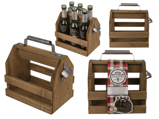 Wooden bottle holder with metal bottle opener,