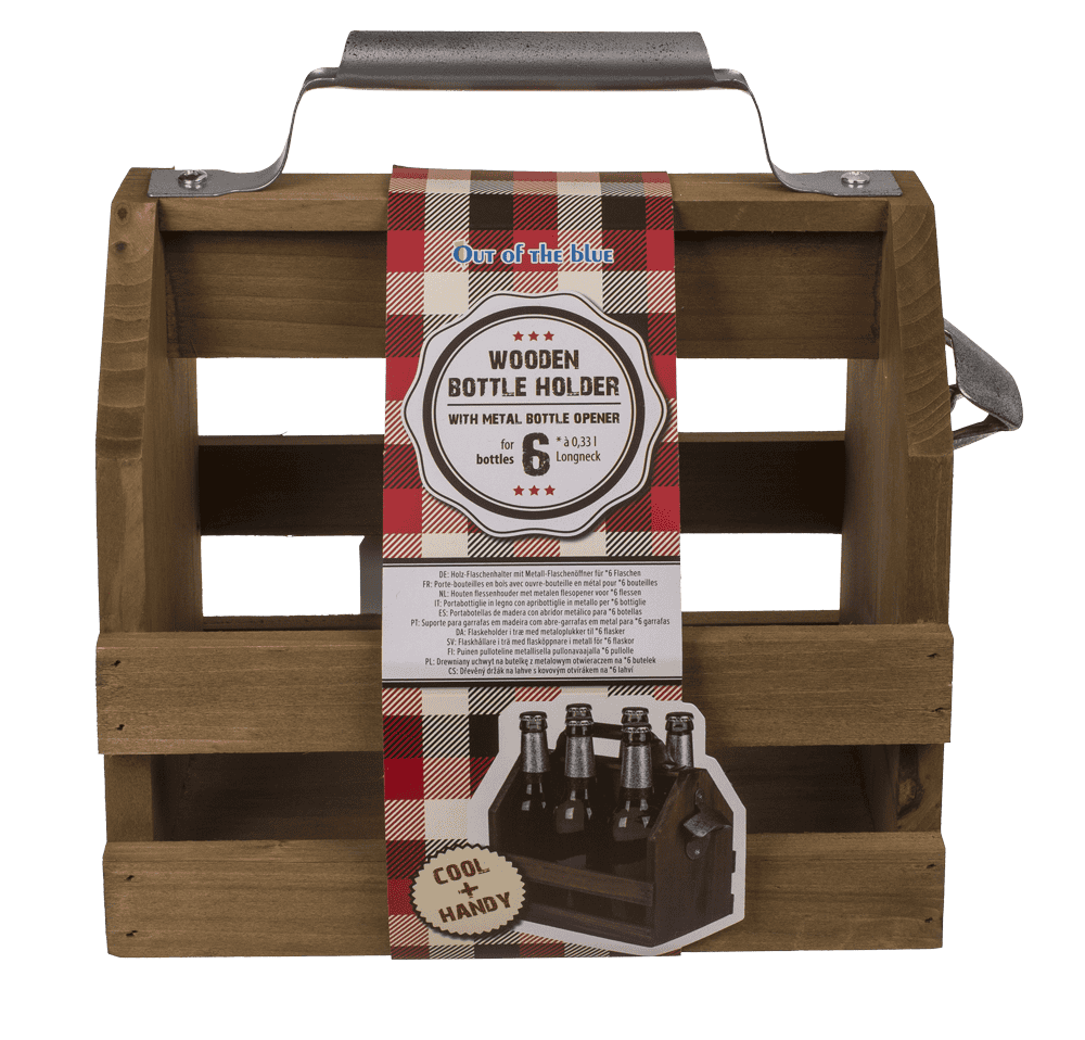 Wooden bottle holder with metal bottle opener,