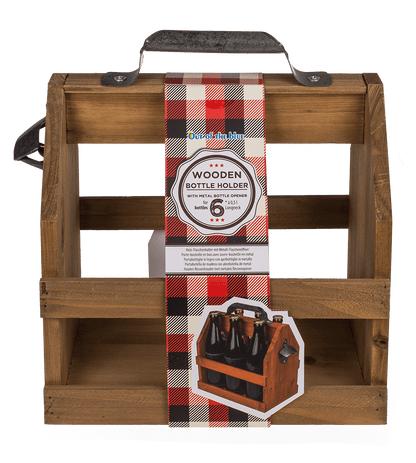Wooden bottle holder with metal bottle opener,
