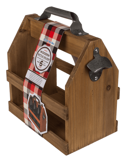 Wooden bottle holder with metal bottle opener,