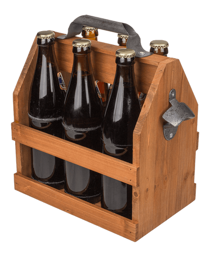 Wooden bottle holder with metal bottle opener,