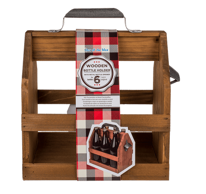 Wooden bottle holder with metal bottle opener,