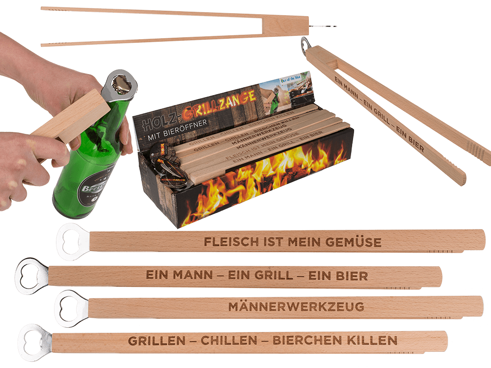 Wooden BBQ-Tongs with bottle opener,