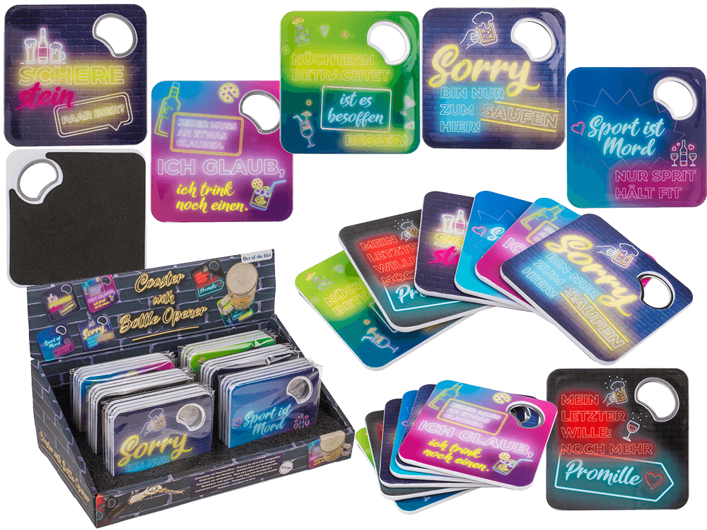 Coaster with bottle opener, German wordings,