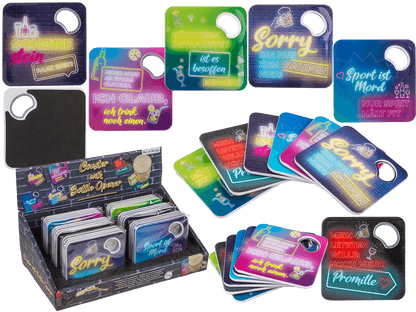 Coaster with bottle opener, German wordings,