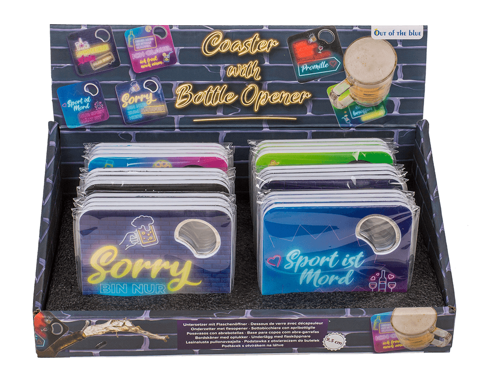 Coaster with bottle opener, German wordings,