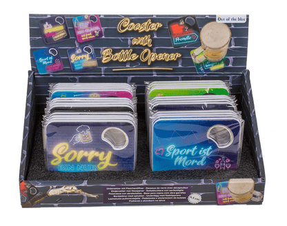 Coaster with bottle opener, German wordings,