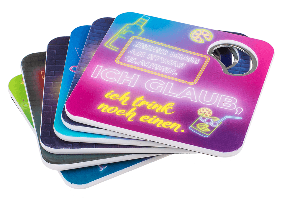 Coaster with bottle opener, German wordings,