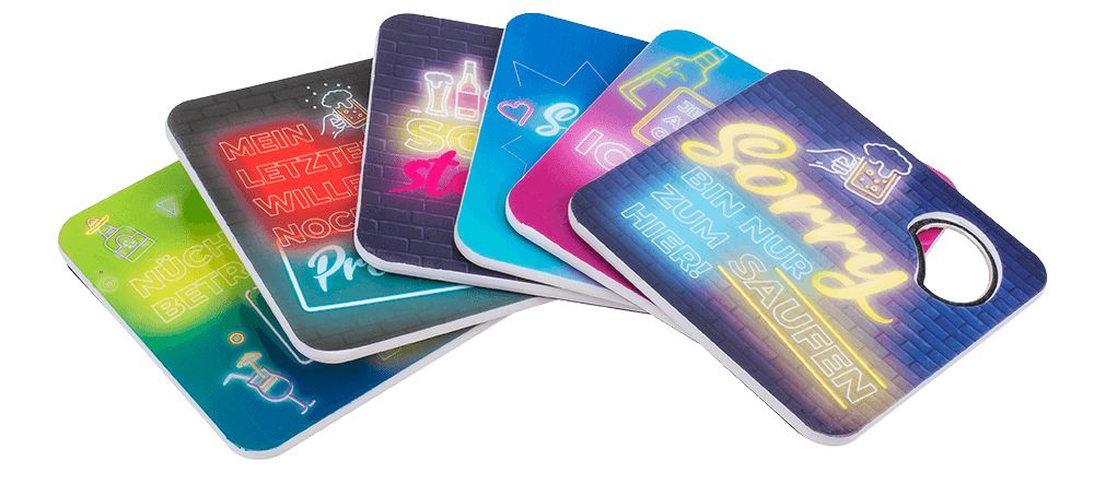 Coaster with bottle opener, German wordings,