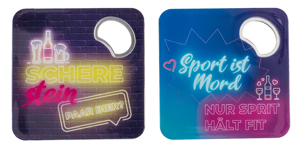 Coaster with bottle opener, German wordings,