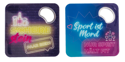 Coaster with bottle opener, German wordings,