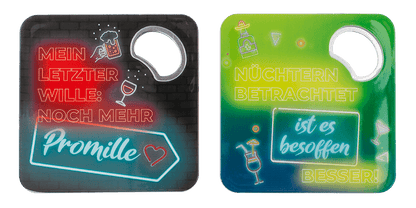 Coaster with bottle opener, German wordings,