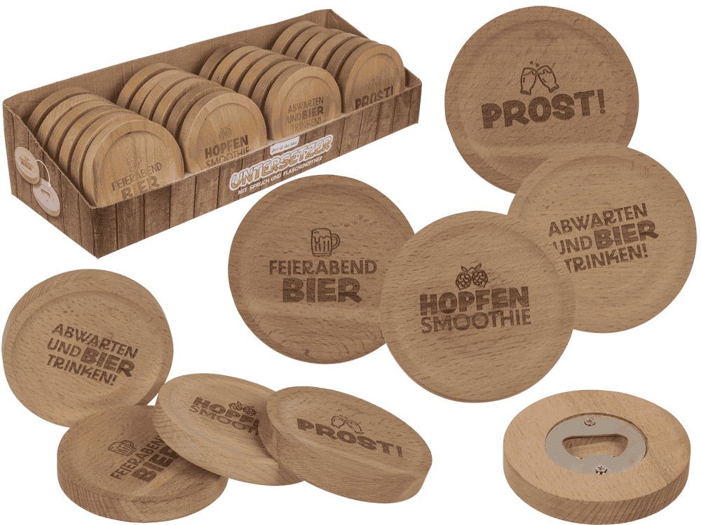 Wooden coaster, with slogan and bottle opener,
