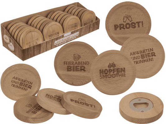 Wooden coaster, with slogan and bottle opener,