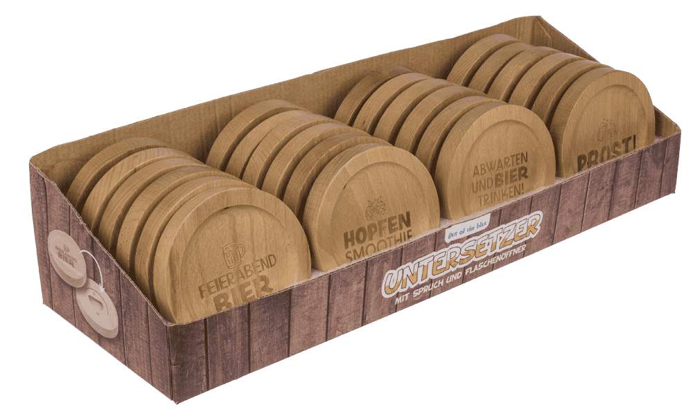 Wooden coaster, with slogan and bottle opener,