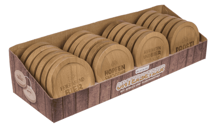 Wooden coaster, with slogan and bottle opener,