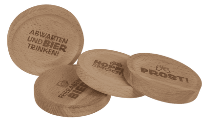 Wooden coaster, with slogan and bottle opener,