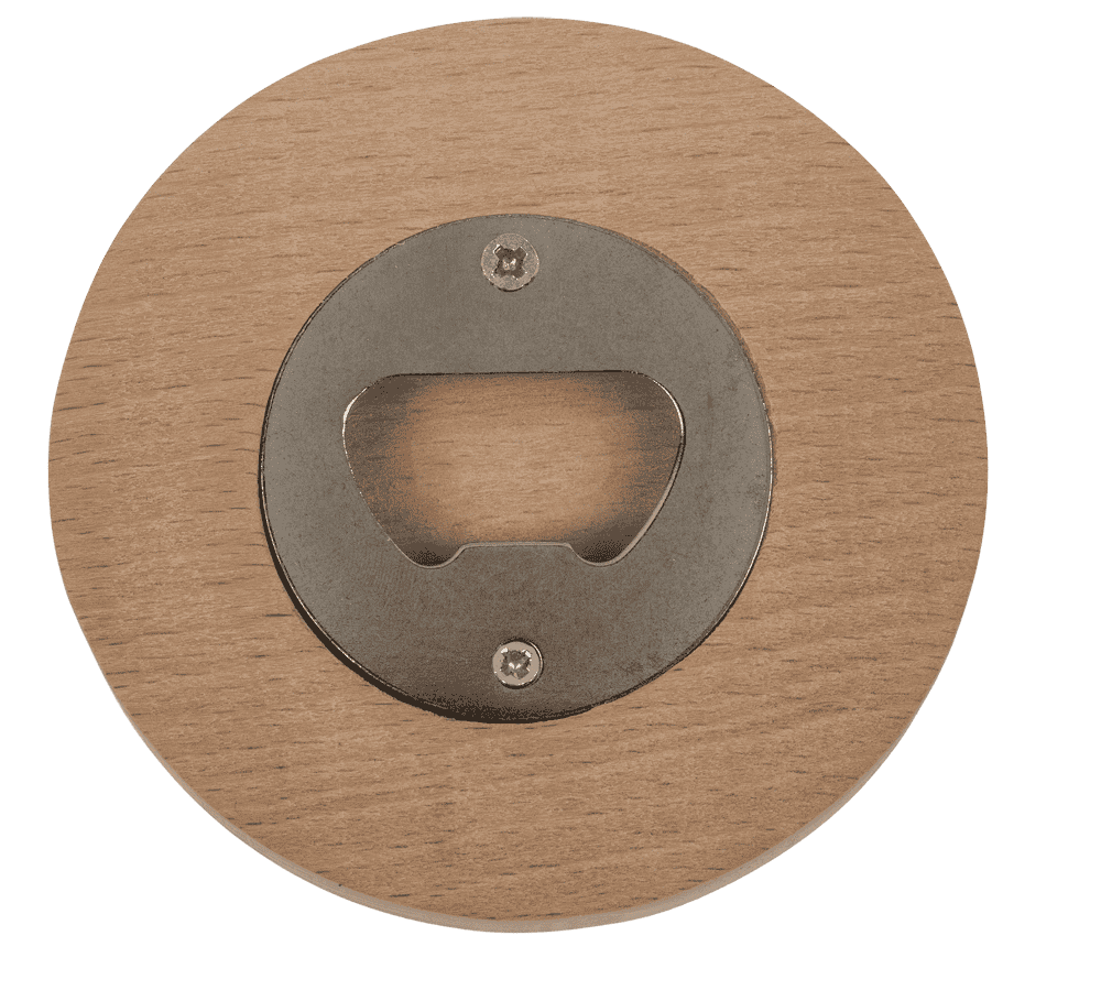 Wooden coaster, with slogan and bottle opener,