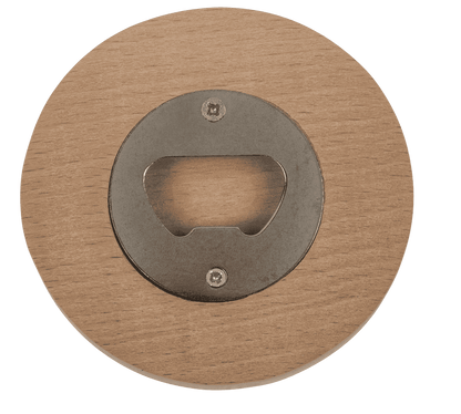 Wooden coaster, with slogan and bottle opener,