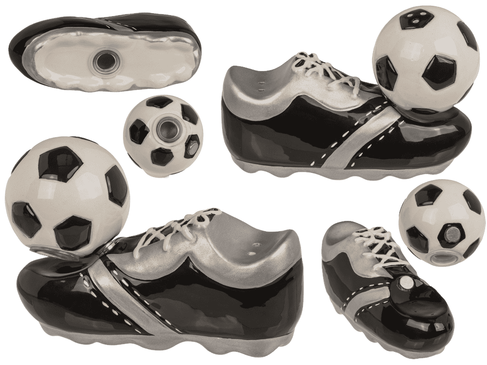 Salt& pepper shaker, football & shoe, with magnet,