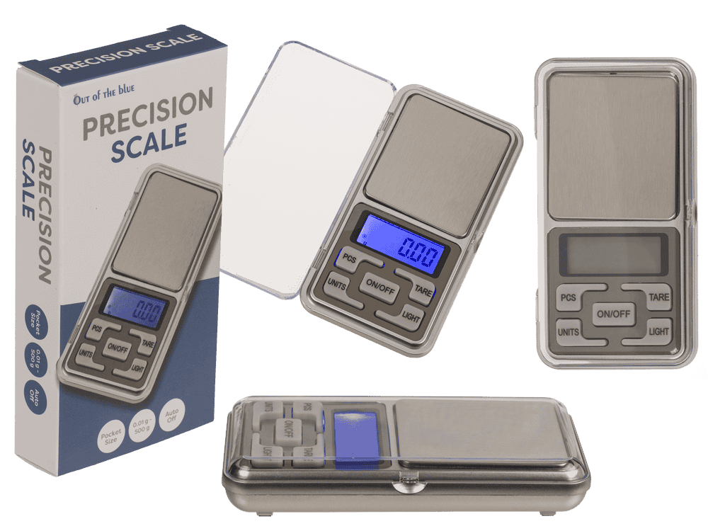 71-3376_000.png Roestvrijstalen precisieweegschaal, 12 x 6 cm, tot 500 g, met digitale display en cadeauverpakking.