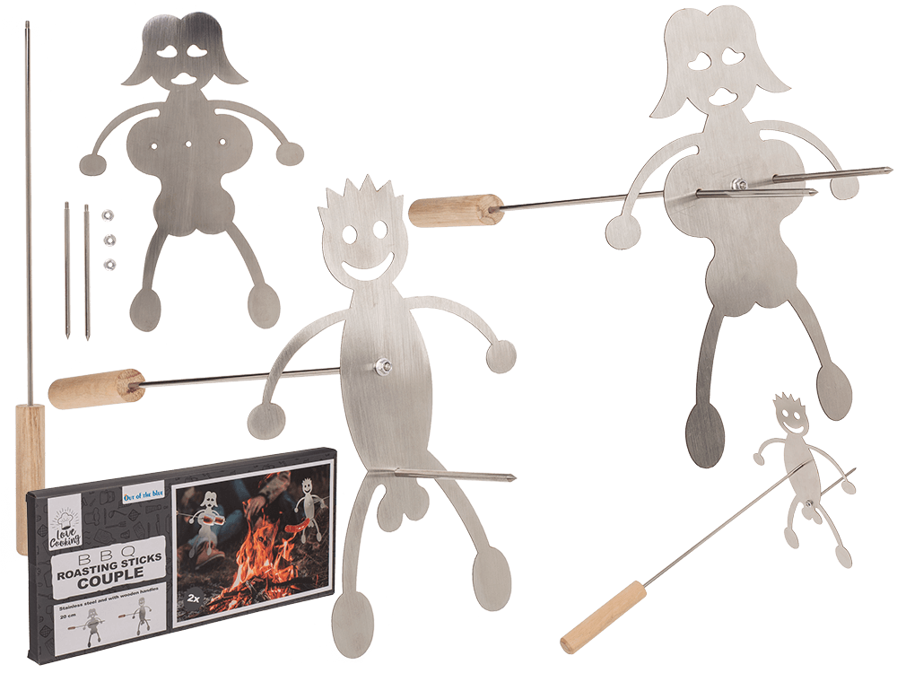 71-3424_000.png BBQ-roeststokken set van 2, 20 cm, roestvrij staal met houten handvatten, geleverd in een geschenkdoos.