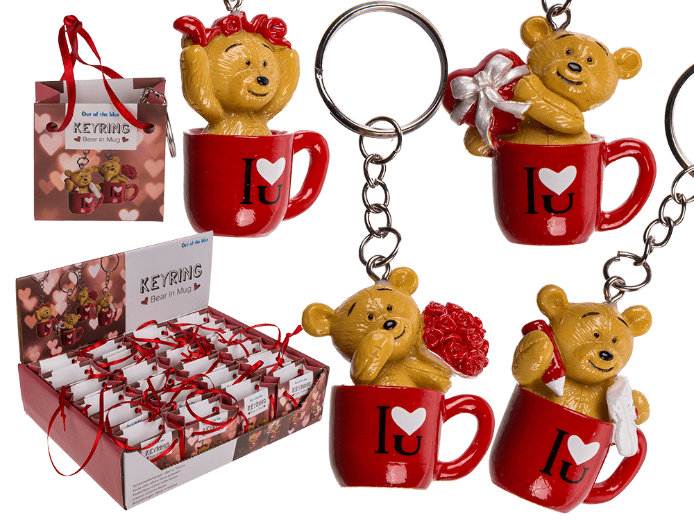 Metal keyring, polyresin bear in mug,