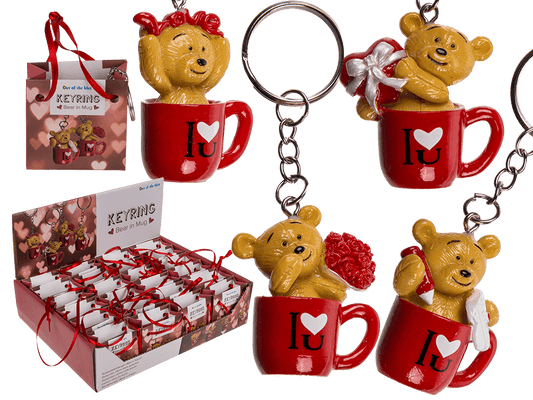 Metal keyring, polyresin bear in mug,