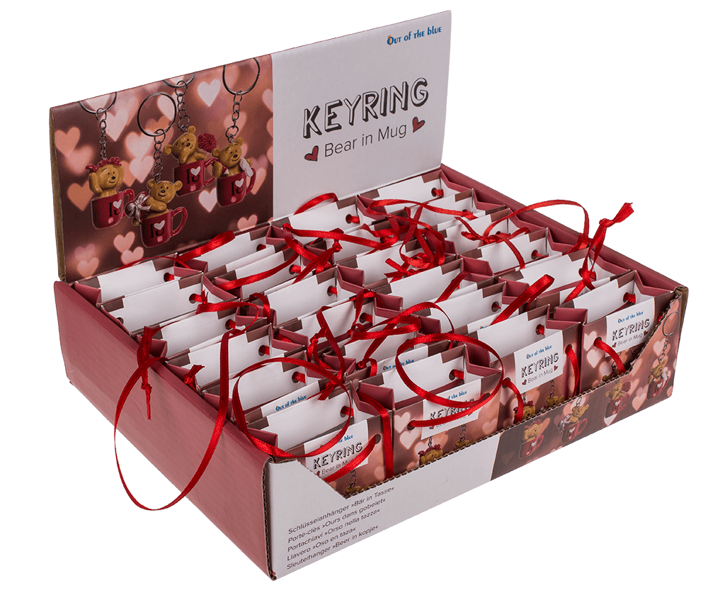 Metal keyring, polyresin bear in mug,