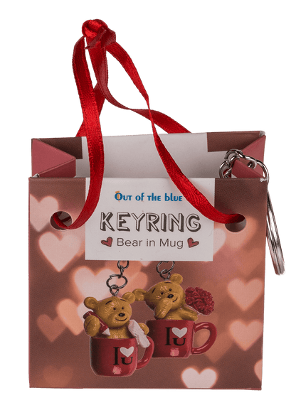 Metal keyring, polyresin bear in mug,